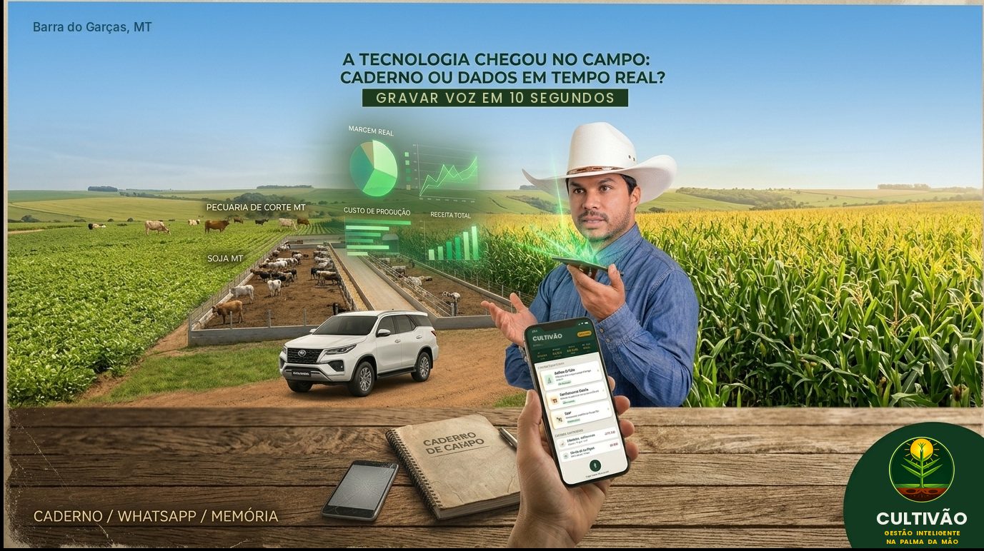 Produtor rural usando o aplicativo Cultivão no campo, com lavoura de milho e confinamento ao fundo